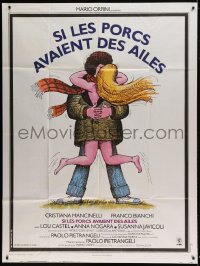 8f825 PIGS HAVE WINGS French 1p 1977 great Ferracci art of man holding naked girl in his jacket!