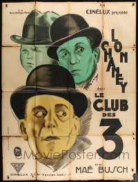 8f962 UNHOLY THREE French 1p R1930s Lon Chaney, Tod Browning, Ventriloquist, Dwarf & Giant, rare!