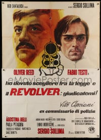 8f195 REVOLVER Italian 2p 1973 different Serafini art of Oliver Reed & Testi pointing gun!