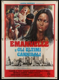 8f121 EMANUELLE & THE LAST CANNIBALS Italian 2p 1982 art of sexy Laura Gemser + woman attacked!