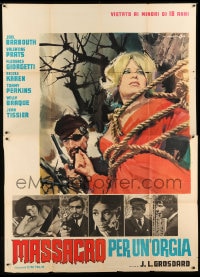 8f175 MASSACRE OF PLEASURE Italian 2p 1968 Cesselon art of woman tied to tree & man with eyepatch!