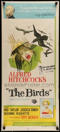 8g793 BIRDS Aust daybill 1963 director Alfred Hitchcock shown, Tippi Hedren, intense attack artwork