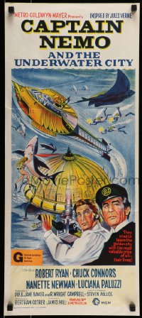 8g809 CAPTAIN NEMO & THE UNDERWATER CITY Aust daybill 1970 artwork of cast, scuba divers & cool ship