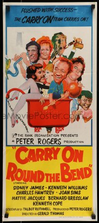 8g817 CARRY ON ROUND THE BEND Aust daybill 1971 Sidney James, Kenneth Williams, wacky art!