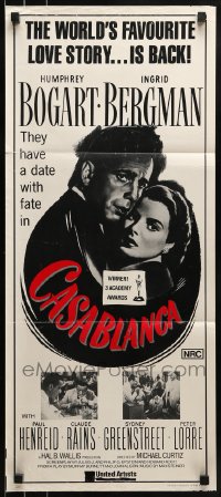 8g820 CASABLANCA Aust daybill R1980s Humphrey Bogart, Ingrid Bergman, Michael Curtiz classic!