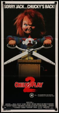 8g824 CHILD'S PLAY 2 Aust daybill 1990 great image of Chucky cutting jack-in-the-box with scissors!
