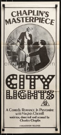 8g827 CITY LIGHTS Aust daybill R1972 great image of Charlie Chaplin as the Tramp, Virginia Cherrill!