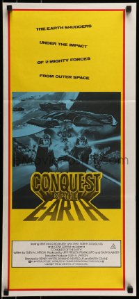 8g834 CONQUEST OF THE EARTH Aust daybill 1980 great image of wacky aliens terrorizing Hollywood!
