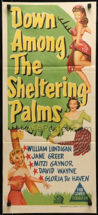 8g857 DOWN AMONG THE SHELTERING PALMS Aust daybill 1953 sexy Jane Greer, Mitzi Gaynor & Gloria De Haven!