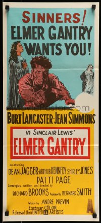 8g866 ELMER GANTRY Aust daybill 1960 Jean Simmons, Jones, Page, Burt Lancaster in title role!