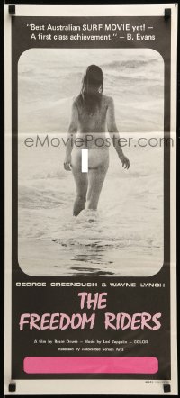 8g887 FREEDOM RIDERS Aust daybill 1972 completely naked Aussie surfer girl, black border design!