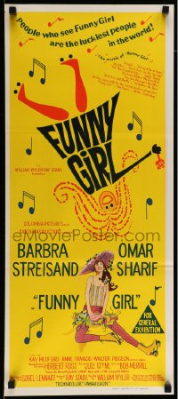 8g892 FUNNY GIRL Aust daybill 1969 hand litho of Barbra Streisand, directed by William Wyler!