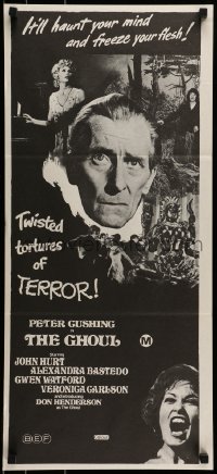 8g896 GHOUL Aust daybill 1975 close-up of Peter Cushing, cannibals, wild horror images!