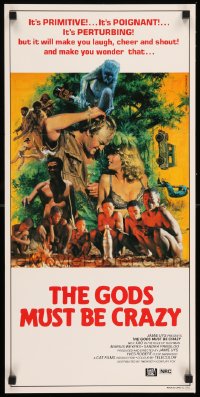 8g899 GODS MUST BE CRAZY Aust daybill 1984 Jamie Uys comedy about native African tribe, Mascii art!