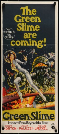 8g904 GREEN SLIME Aust daybill 1968 classic cheesy sci-fi, cool art of sexy astronaut & monster!