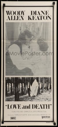 8g936 LOVE & DEATH Aust daybill 1975 Woody Allen & Diane Keaton romantic kiss close up!