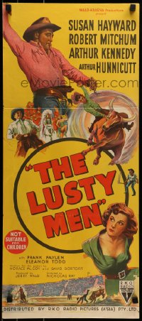 8g939 LUSTY MEN Aust daybill 1952 art of Robert Mitchum with sexy Susan Hayward & riding on bull!