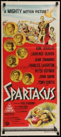 8g972 SPARTACUS Aust daybill 1961 classic Kubrick & Kirk Douglas epic, cool coin art!