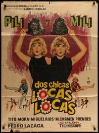 8g329 DOS CHICAS LOCAS LOCAS Mexican poster 1965 Pilar Bayona as Pili & Emilia Bayona as Mili!