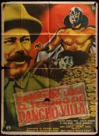 8g334 EL TESORO DE PANCHO VILLA Mexican poster 1954  art of masked wrestler & pile of gold by Diaz!