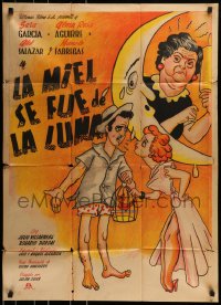 8g339 LA MIEL SE FUE DE LA LUNA Mexican poster 1952 wacky art of couple arguing under worried moon!