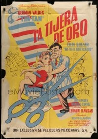 8g340 LA TIJERA DE ORO export Mexican poster 1960 Benito Alazraki, great barber shop artwork!