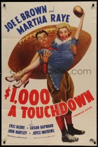 8j011 $1,000 A TOUCHDOWN style A 1sh 1939 art of Joe E. Brown & Martha Raye by giant football!
