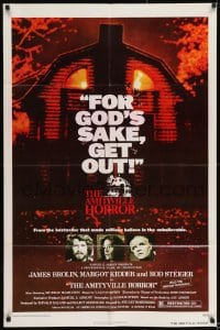 8j049 AMITYVILLE HORROR 1sh 1979 great image of haunted house, for God's sake get out!