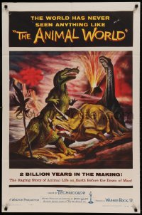 8j051 ANIMAL WORLD 1sh 1956 great artwork of prehistoric dinosaurs & erupting volcano!