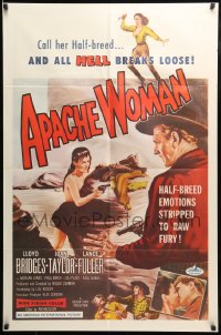 8j055 APACHE WOMAN 1sh 1955 art of naked cowgirl in water pointing gun at Lloyd Bridges!