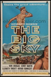 8j093 BIG SKY 1sh 1952 Howard Hawks, art of shirtless Kirk Douglas with hatchet!