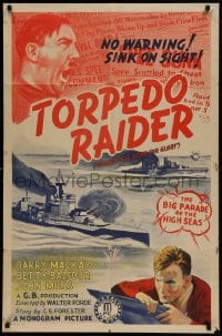 8j109 BORN FOR GLORY 1sh R1940 Torpedo Raider, wild art of Hitler screaming in World War I!