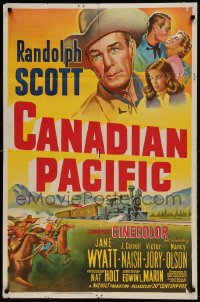 8j131 CANADIAN PACIFIC 1sh 1949 cowboy Randolph Scott, Jane Wyatt, Victor Jory