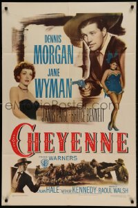8j150 CHEYENNE 1sh 1947 smoking Dennis Morgan w/six-shooter, Jane Wyman, Janis Page!