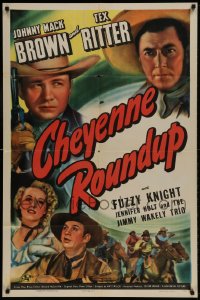 8j151 CHEYENNE ROUNDUP 1sh 1943 Johnny Mack Brown, Tex Ritter, Fuzzy Knight!