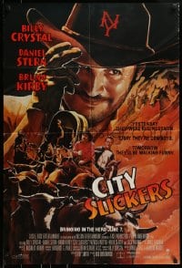 8j162 CITY SLICKERS advance 1sh 1991 great artwork of cowboys Billy Crystal & Daniel Stern!