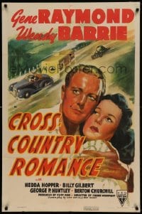 8j187 CROSS COUNTRY ROMANCE 1sh 1940 art of Gene Raymond, Wendy Barrie & car hauling caravan!