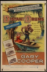 8j228 DISTANT DRUMS 1sh 1951 art of Gary Cooper in the Florida Everglades, Raoul Walsh!