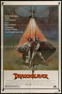 8j243 DRAGONSLAYER 1sh 1981 cool Jeff Jones fantasy artwork of Peter MacNicol w/spear & dragon!