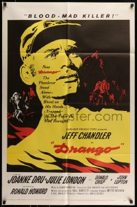 8j244 DRANGO 1sh 1957 art of Jeff Chandler, a man against a town gone mad with lust!
