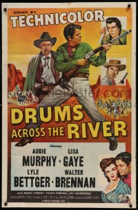 8j249 DRUMS ACROSS THE RIVER 1sh 1954 Audie Murphy in an empire of savage hate, cool art!