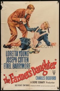 8j277 FARMER'S DAUGHTER style A 1sh 1947 artwork of Joseph Cotten helping fallen maid Loretta Young!