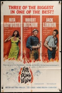8j283 FIRE DOWN BELOW 1sh 1957 full-length sexy Rita Hayworth, Robert Mitchum & Jack Lemmon!