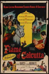 8j287 FLAME OF CALCUTTA 1sh 1953 art of horseback Denise Darcel w/sword, deadly assassins strike!