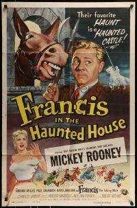 8j306 FRANCIS IN THE HAUNTED HOUSE 1sh 1956 wacky art of Mickey Rooney w/Francis the talking mule!