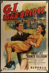 8j318 G.I. WAR BRIDES 1sh 1946 great art of James Ellison holding pretty Anna Lee by ship!