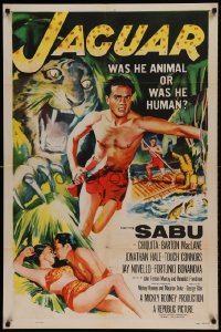 8j422 JAGUAR 1sh 1955 Barton MacLane lays with sexy Chiquita, art of Sabu in jungle!