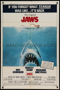 8j423 JAWS 1sh R1979 art of Steven Spielberg's classic man-eating shark attacking nude swimmer!