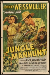 8j442 JUNGLE MANHUNT 1sh 1951 Weissmuller as Jungle Jim, Ryan, Tamba, Glenn Cravath art, rare!