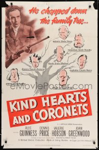 8j451 KIND HEARTS & CORONETS 1sh 1950 Alec Guinness in Ealing classic black comedy, Dennis Price!